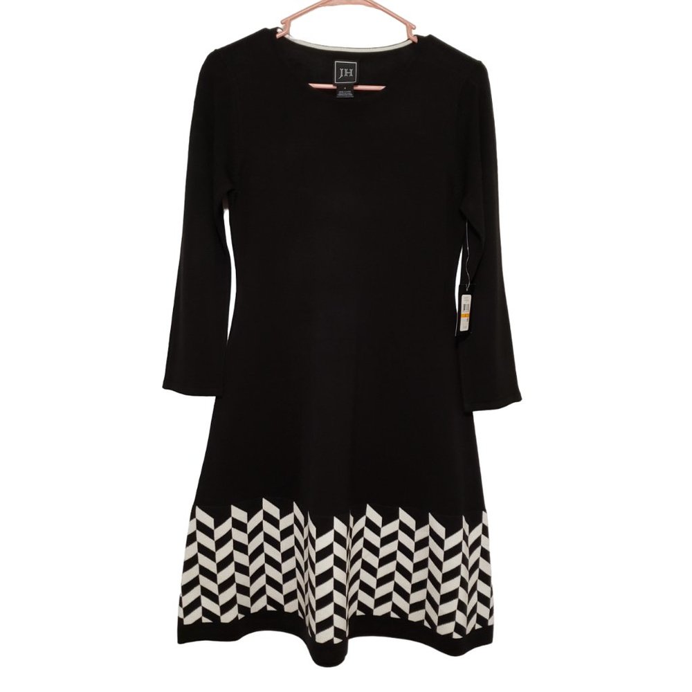 JH Design Pull Over Sweater Dress Black with White/Ivory Stripes Small NWT $74